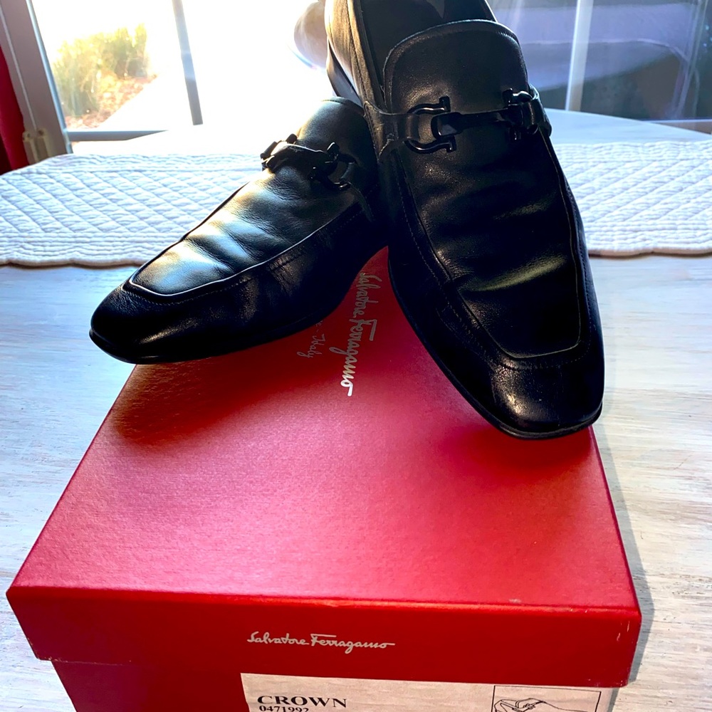 Salvatore Ferragamo Black Crown Men’s Loafers